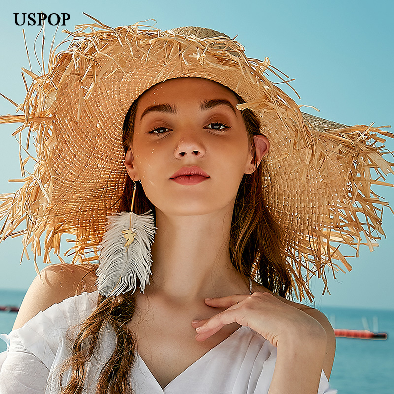 USPOP verano rafia ala ancha sombreros de sol mujeres hecho a mano sombrero de paja verano natural paja playa sombrero casual sombra de protección UV