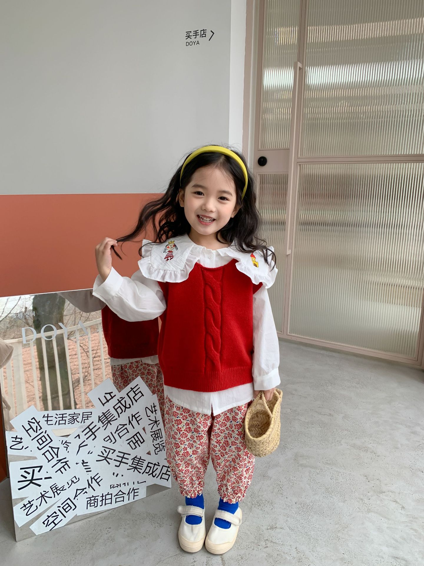 2022 Lente Kinderen Kleding Meisjes Koreaanse Revers Lange Mouwen Geborduurd Shirt Rood Vest