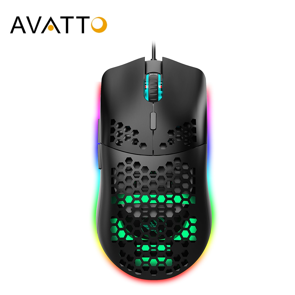 AVATTO-Ratón de juegos con cable USB RGB con Fast 6400 DPI, ergonómico hueco de panal de abeja retroiluminado, ratones de jugador para jugador de ordenador