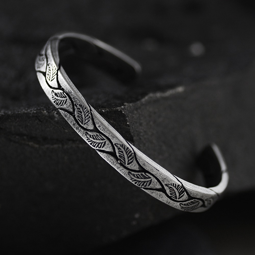 Antieke Titanium Rvs Retro Silver Leaf Zwart Punk Viking Armband Open Manchet Armbanden Sieraden Voor Mannen