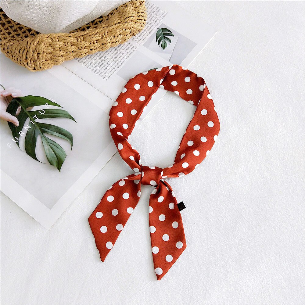 Spring Summer Women's Polka Dot Printed Silk Stain Hair Ribbon Tie Scarf Female Black White Green Yellow Bag Scarves: Orange
