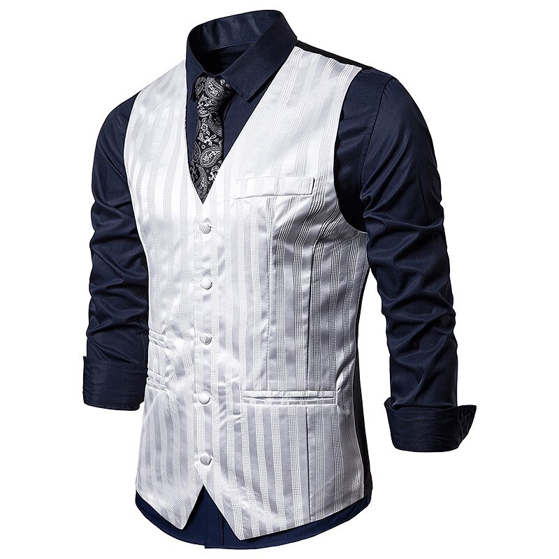 Gestreept herenpak vest klassieke jurk bruiloft blazer masculino slim fit gilet de costume: Wit / Xl