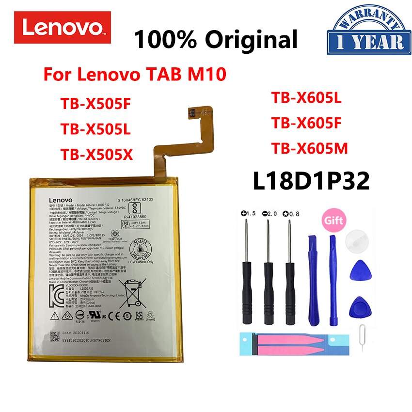 100% L18D1P32 4850Mah Batterij Voor Lenovo Tab M10 TB-X605L TB-X605F TB-X605M TB-X505X X505L X505F Batterij Bateria