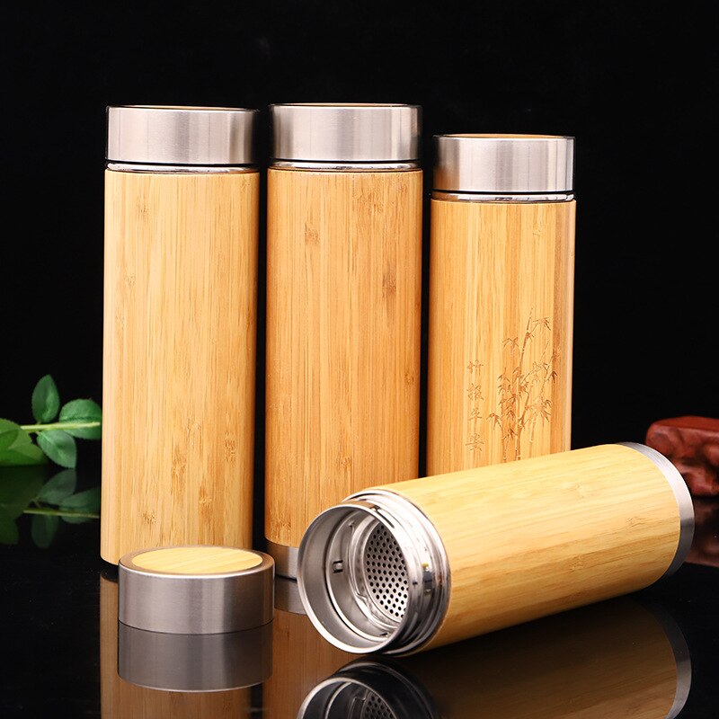 350ml 450ml Custom Bamboo Reusable Coffee Cup Stainless Steel Double Wall Bamboo Travel Mug Water Bottle With Lid