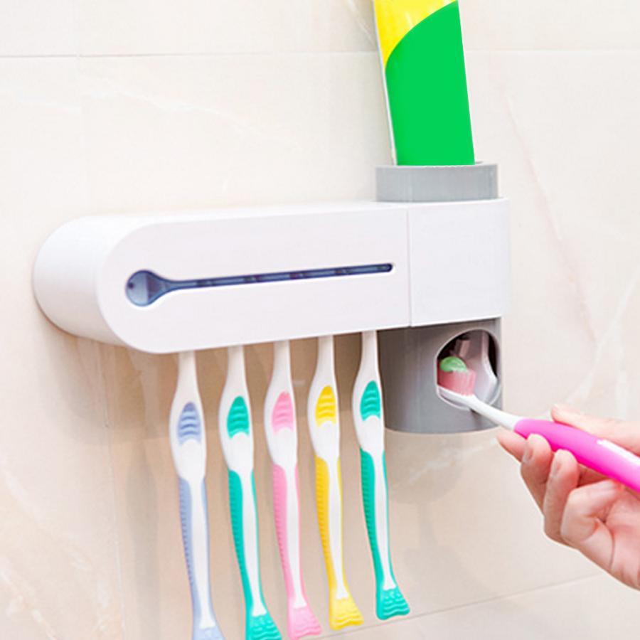 Wall Mounted 2 in 1 UV Light Ultraviolet Toothbrush Automatic Toothpaste Dispenser Sterilizer Toothbrush Holder Cleaner