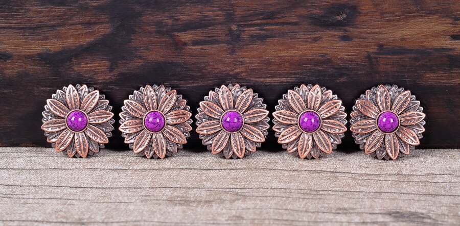 10PC 30*30MM Leather Bridle Flower Leathercraft Conchos for leather with Purple Turquoise Antique Copper