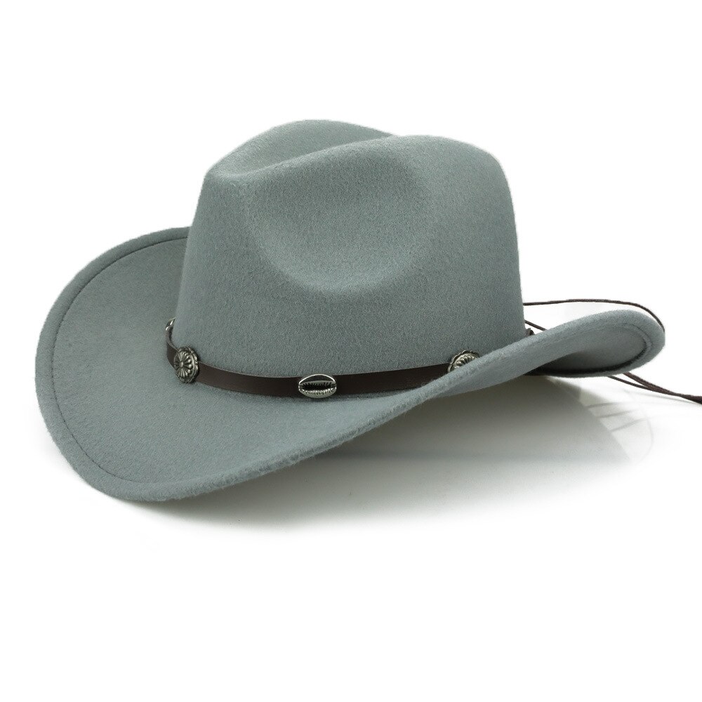 Uldfilt kvinder mænd vestlig cowboyhue med brede rand punk læder bælte jazz cap størrelse 57-58cm b88: 8