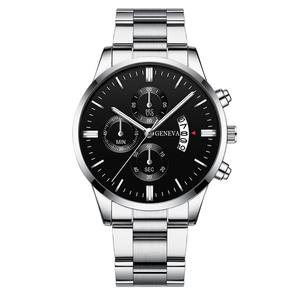 3 unids/set de reloj de pulsera de acero inoxidable a la para hombre, reloj de cuarzo con calendario informal, conjunto de joyería (sin caja)