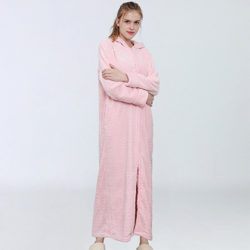 Albornoz de terciopelo con cremallera para mujer, ropa de dormir de otoño e invierno, gruesa, de franela, para el hogar: pink / M