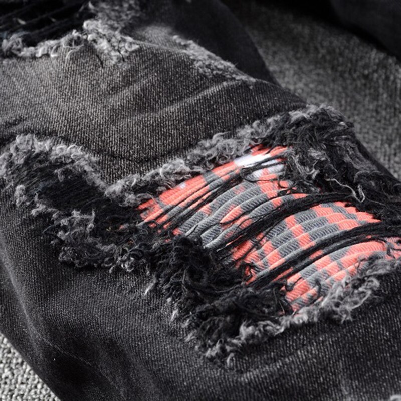 Jean en denim pour motard, plissé et patchwork déchiré, noir, streetwear, à la , pantalon en denim, à trous