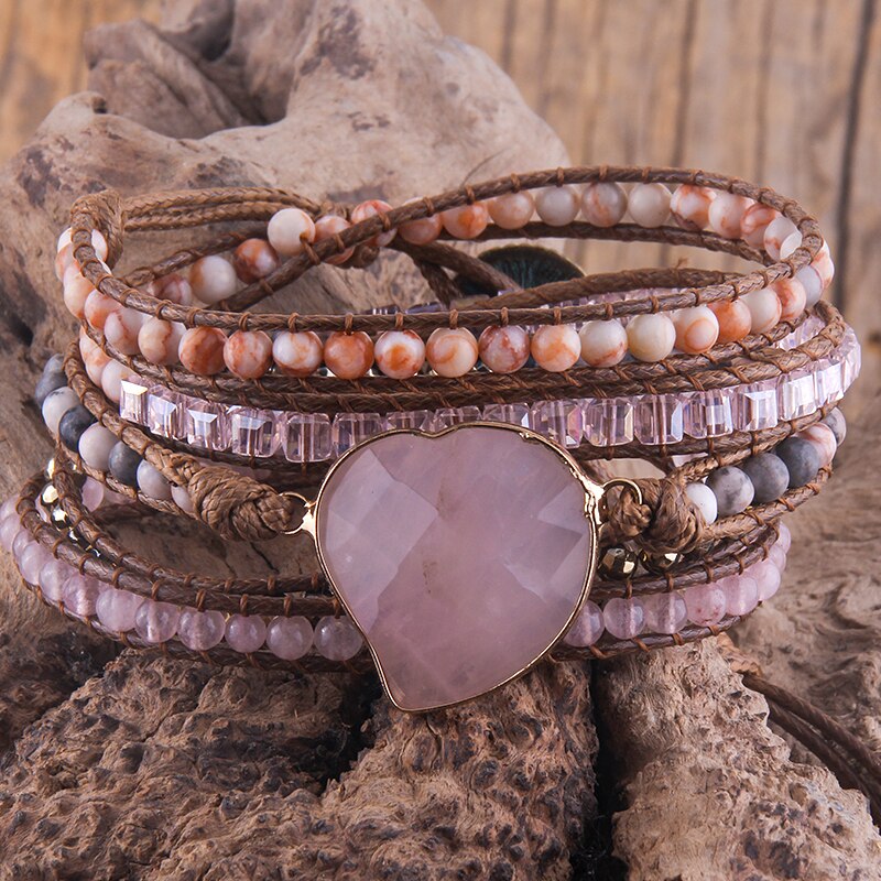RH Handma-pulsera Bohemia con piedras naturales mezcladas, colgante de corazón, 5 pulseras de tiras, para mujer: Rosa