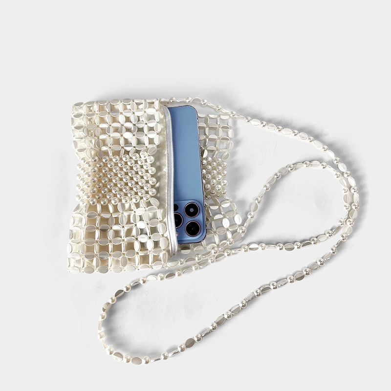 niche goud geweven ketting mobiele telefoon nul portemonnee crossbody handgemaakte dames geweven crossbody tas met kralen