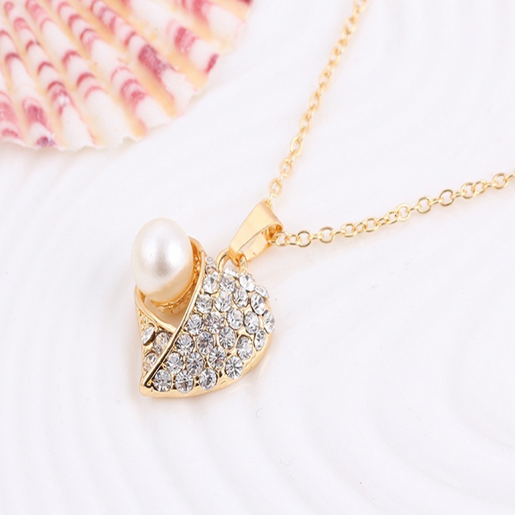 Romantic Pearl Heart Pattern Rhinestone Earrings Necklace Set Silver Color Chain Jewelry Sets Wedding Jewelry Valentine&#39;s