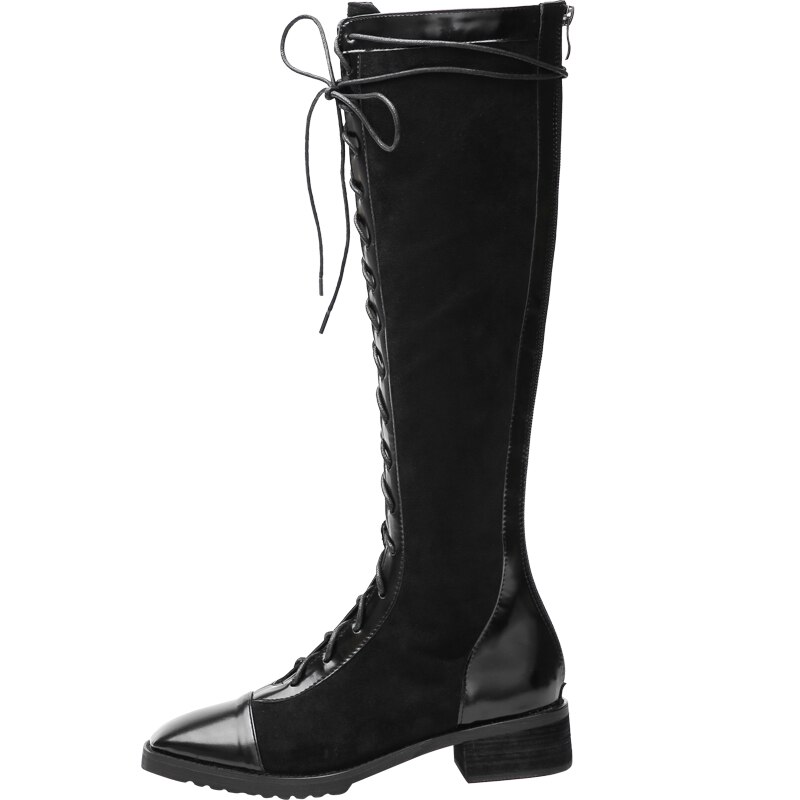 Automne bottes hautes pour femmes dos fermeture éclair microfibre cuir Plus velours chaussures pour femmes talon carré romain chevalier botte grande taille 42: Black / 34