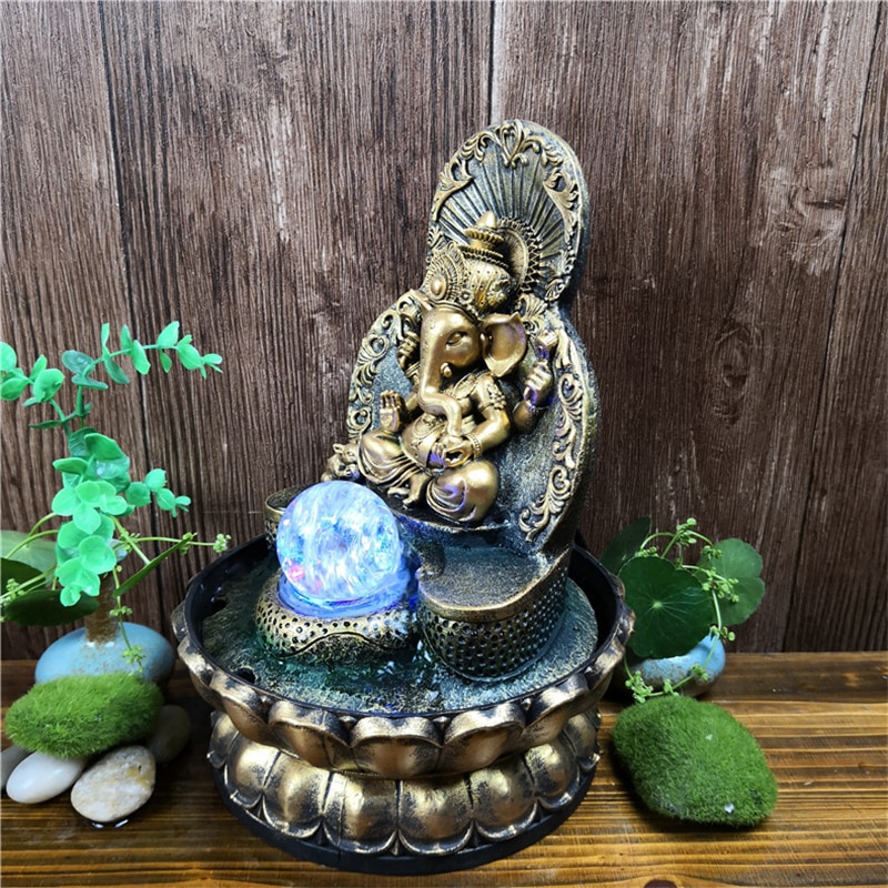 Elephant God Ganesha Lucky Water Fountains Ornaments Good Fortune Feng Shui Craft Indoor Desktop Fountain Air Humidifier