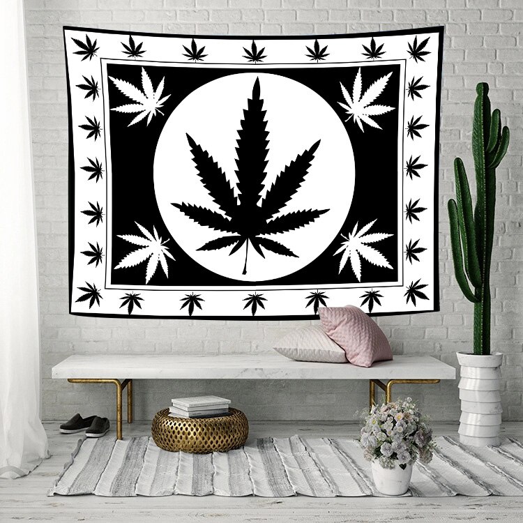 Simsant svart vit löv gobeläng vit rasta marijuana löv konst vägghängande gobelänger för vardagsrum hem sovsal inredning: Gt2 tsizy 0600