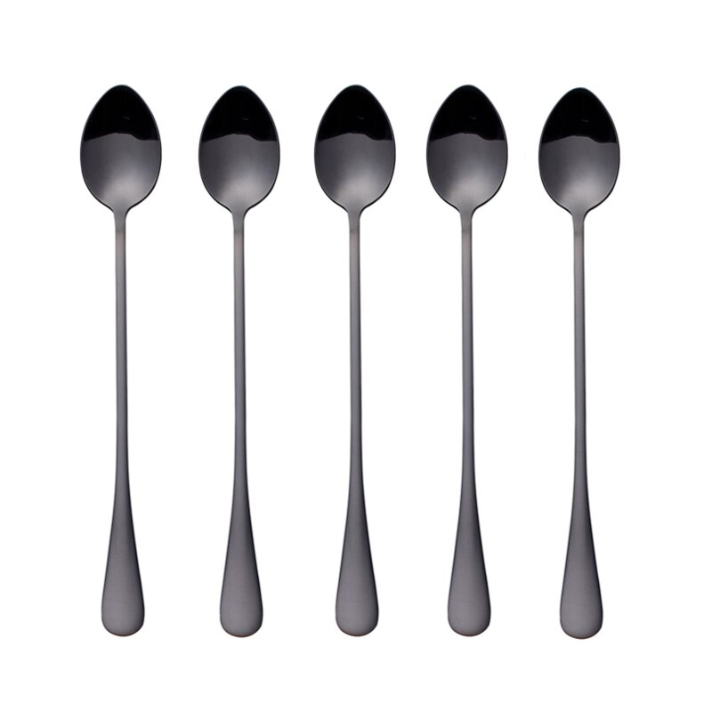 5Pcs Stainless Steel Coffee Spoon Juice Stirring Long Handle Tea Spoons Dessert Spoon Flatware Set Kitchen Drinking Cutlery Set: Black 19cm