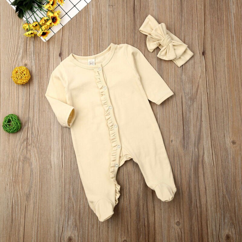 Nyfödda barn bebis flicka fotband bomull mjuk långärmad playsuit jumpsuit pyjamas nattkläder + pannbandskläder 0-12m
