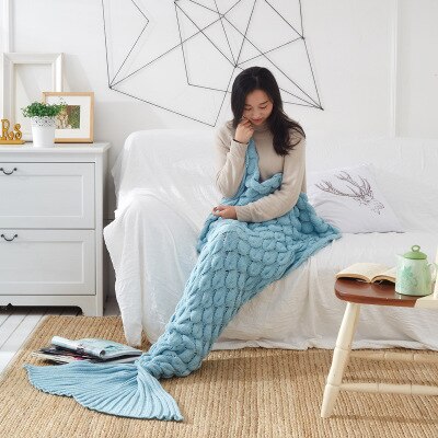 Colorful Mermaid Tail Blanket Crochet Mermaid Blanket For Adult Super Soft All Seasons Sleeping Knitted Blankets: light blue / 195x92cm