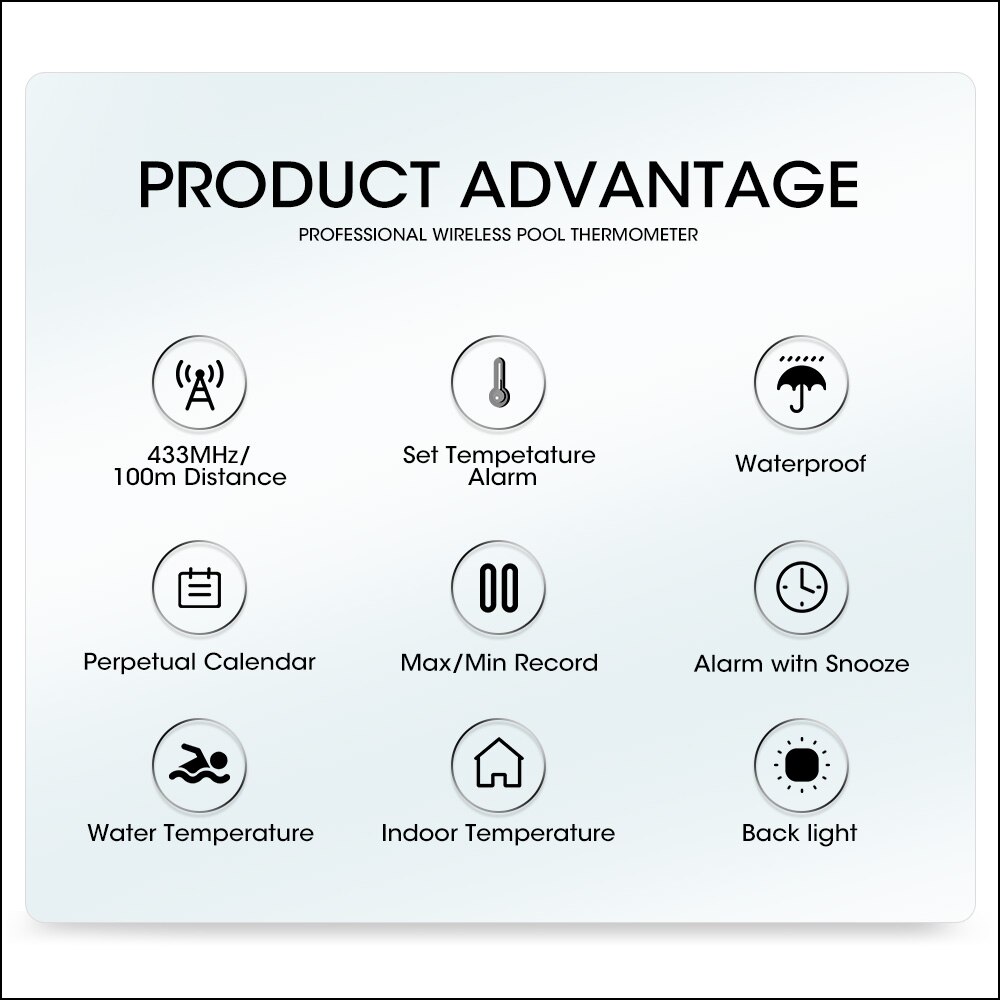 RZ Wireless Pool Thermometer Swim Spa Water Tub Home Temperature Meter Calendar Alarm Clock Waterproof Outside Sensor