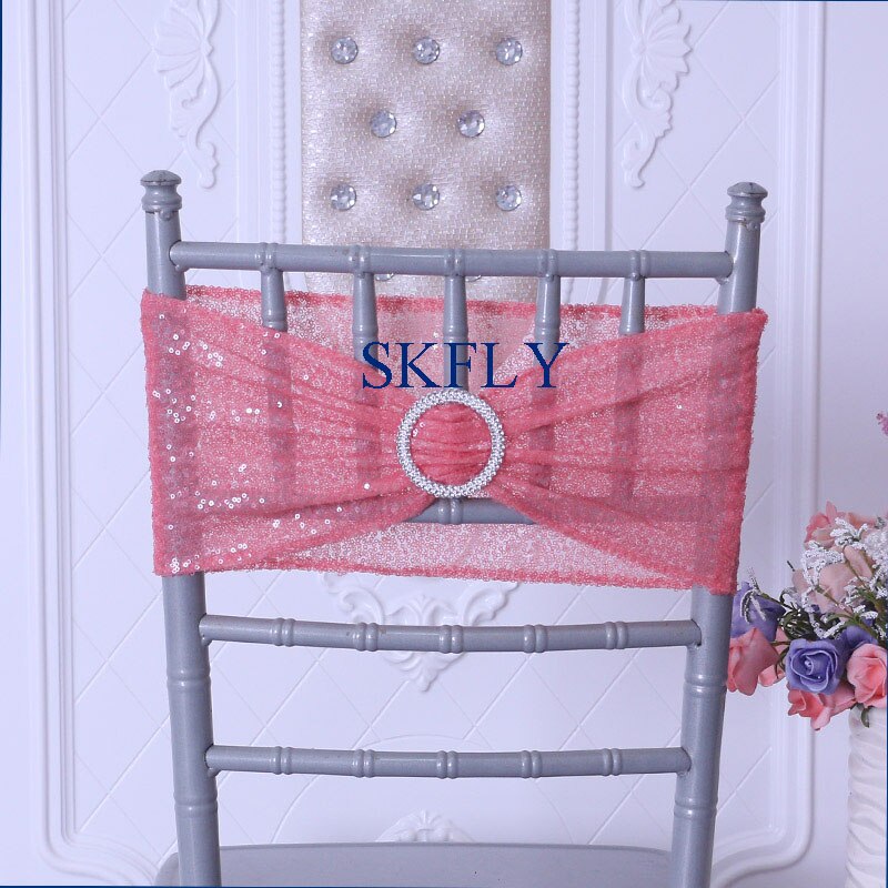 SH022F factory price many colors wedding decoration antique gold sequin chair band chair sash with buckle: coral