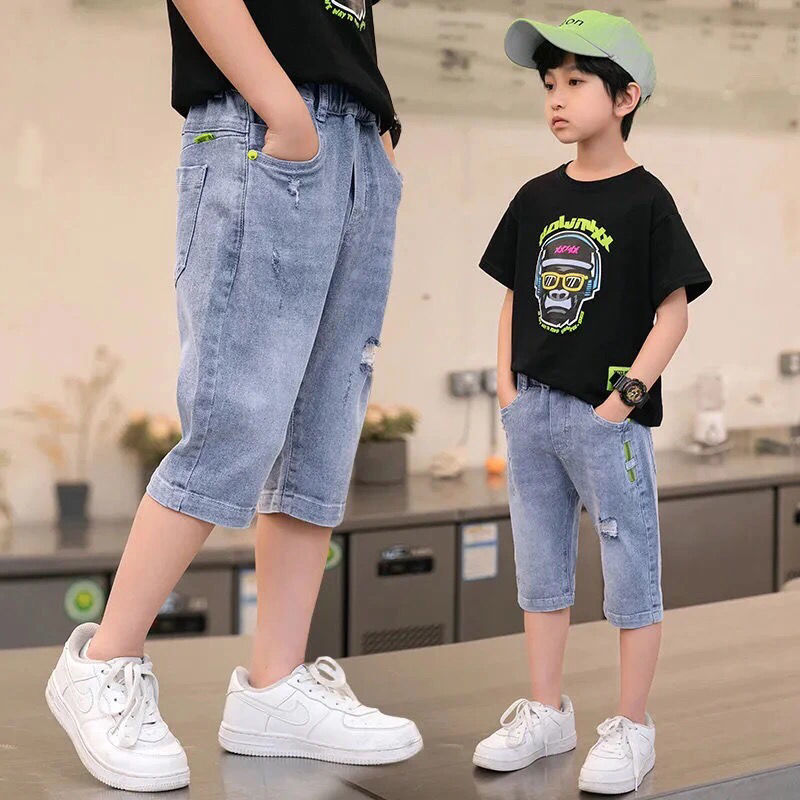 Summer Teenager Kids Children Jean Shorts Denim Cotton Shorts for Boys Solid Casual Shorts Beach Short Sports Pants 5-12Yers