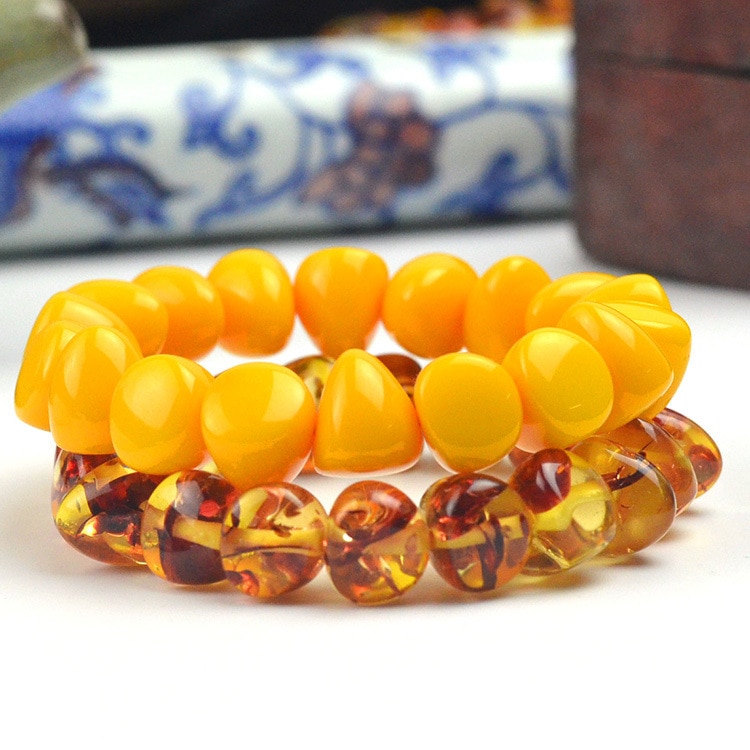 Moda chinesa 15*13mm amarelo contas de cera de abelha âmbar pulseira elástica masculino mulher mala meditação jóias presentes sorte novo