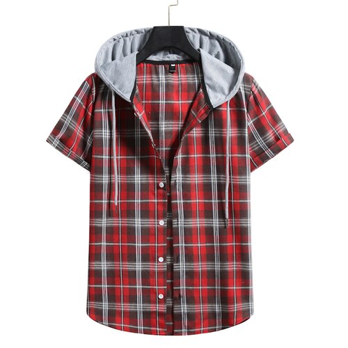 Hooded Checked Short-sleeved Shirts for Men and Women: Red / L