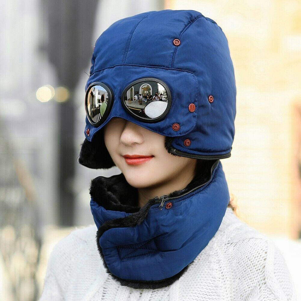 Thermal Winter Trapper Hat with Glasses Autumn Winter Cycling Windproof Outdoor Cap WHShopping: navy blue