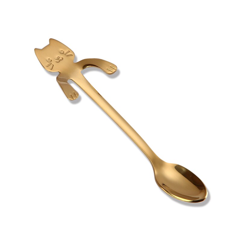 Stainless Steel Cute Cat Spoon Hanging Coffee Milk Stirring Spoons: 1gold