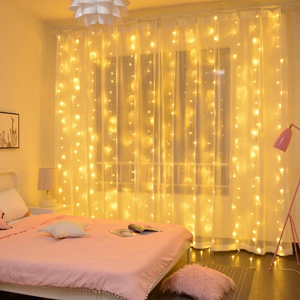 Cortina de luces LED USB, guirnaldas de luces cálidas, iluminación de Festival, lámpara de ventana de arcoíris, decoración navideña para el hogar, dormitorio, boda: Color blanco cálido / 41-50 W
