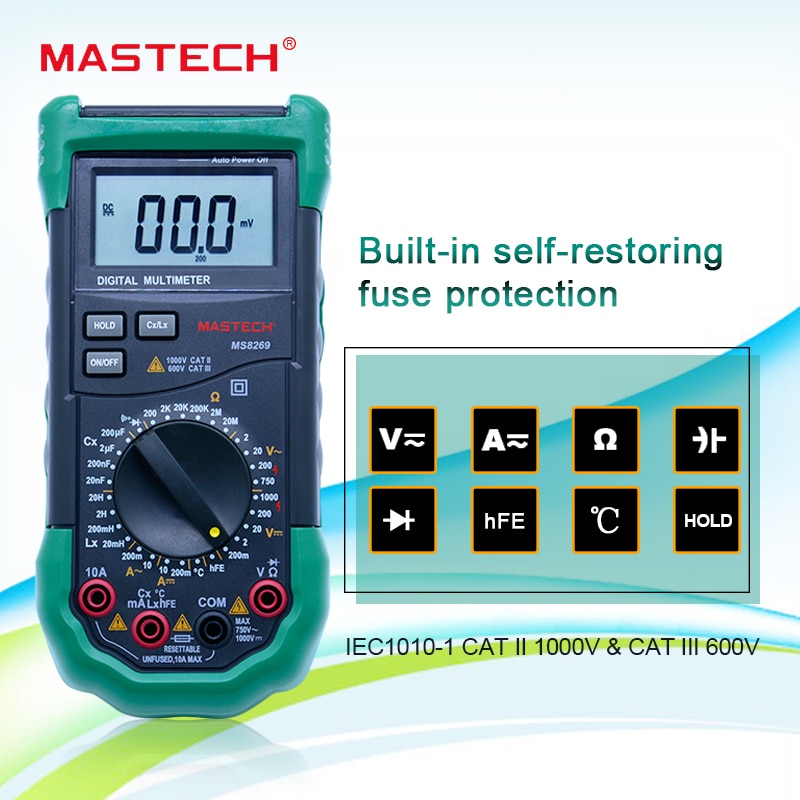 Digitalt multimeter 3 1/2 lcr meter ac / dc spænding strømmodstand kapacitans temperatur induktans tester mastech  ms8269