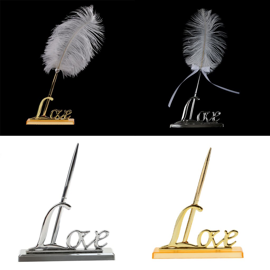 Plastic Unique Pen With Holder For Wedding Guestbook Bridal Engagement White + Gold