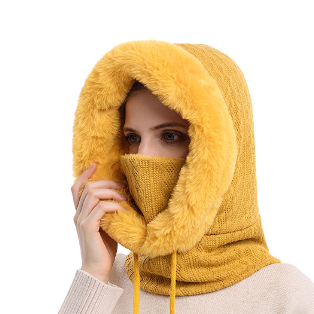 Ski Winter Cashmere Collar Hooded Cap Outdoor Riding Hat Set: yellow