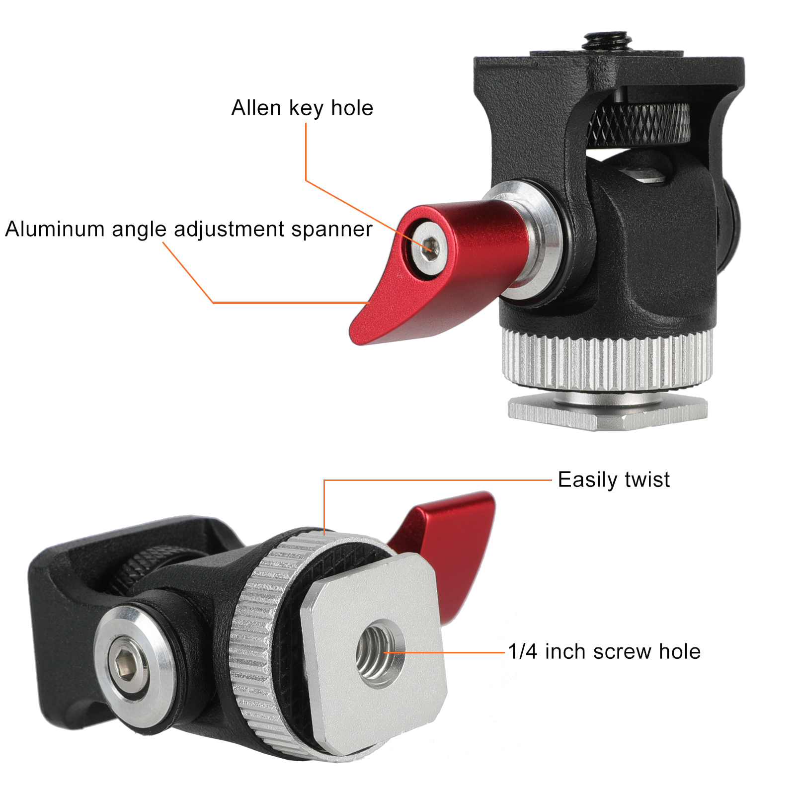 Adjustable Field Monitor Holder Mount on-Camera Video Light Bracket Stand Tilt 175° Swivel 360° with Cold Shoe Adapter Base