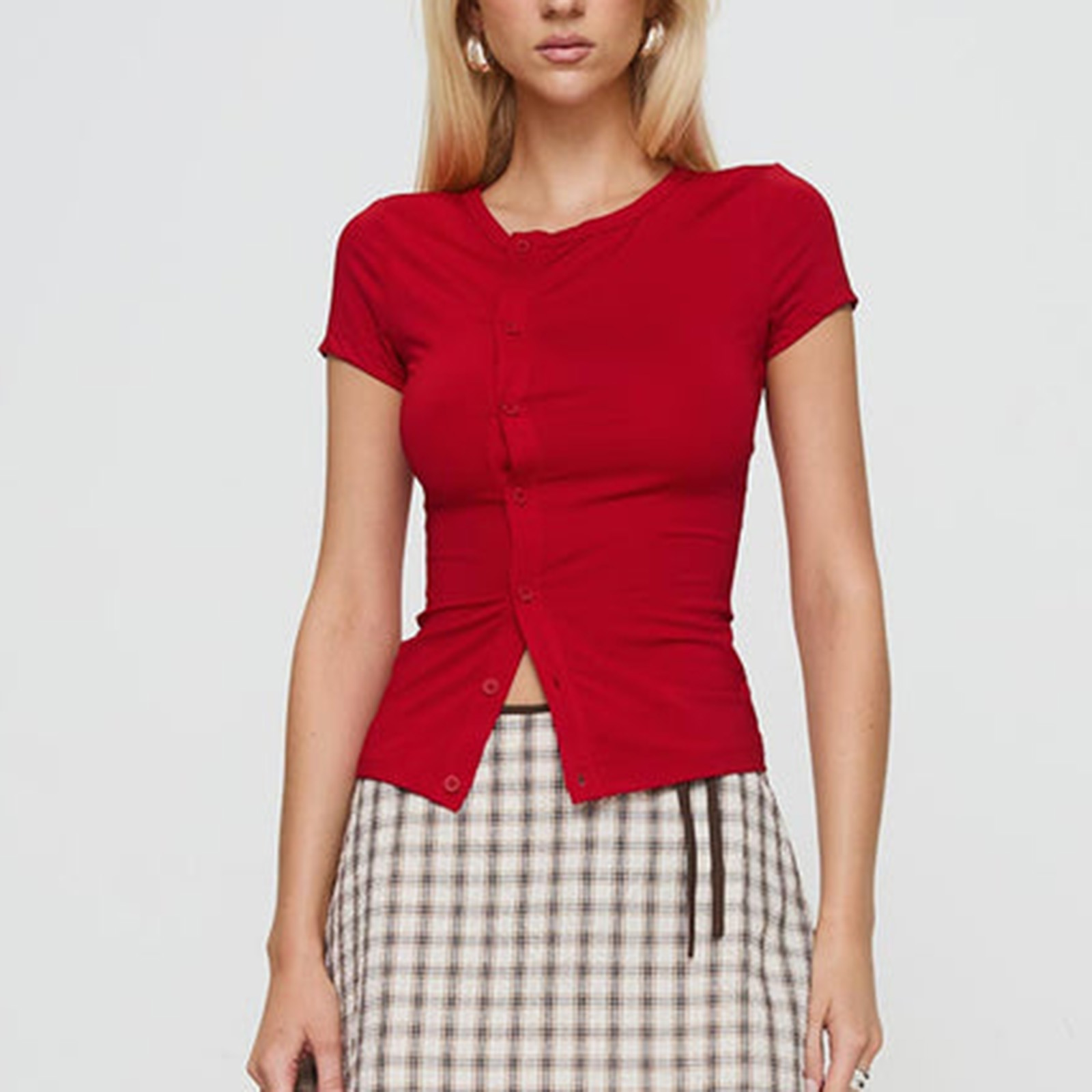 Hirigin kvinders ensfarvede t-shirt med rund hals, korte ærmer, knaplukning, slim fit, crop tops, sommertoppe til afslappet hverdag: S / Beige