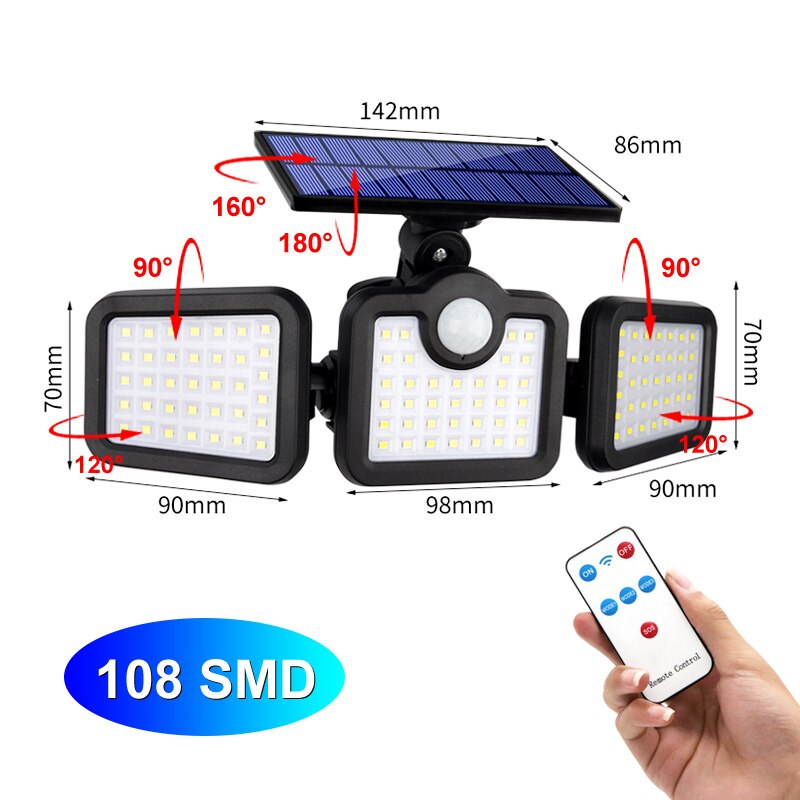 Solar Motion Sensor Outdoor Light 138 LED 3 Head 270° Wide Angle Illumination Remote Control Solar Wall Light for Garden Garage: Integrated-108 SMD