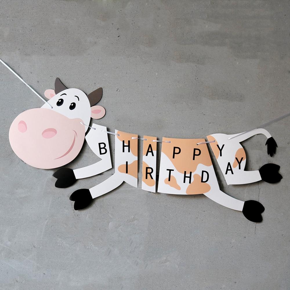 Jungle Safari Fête D'anniversaire Bannière Dessin Animé Vache Girafe Cochon Guirlande Drapeau Un 1st Anniversaire Fournitures Animaux Des Bois Décor de Fête