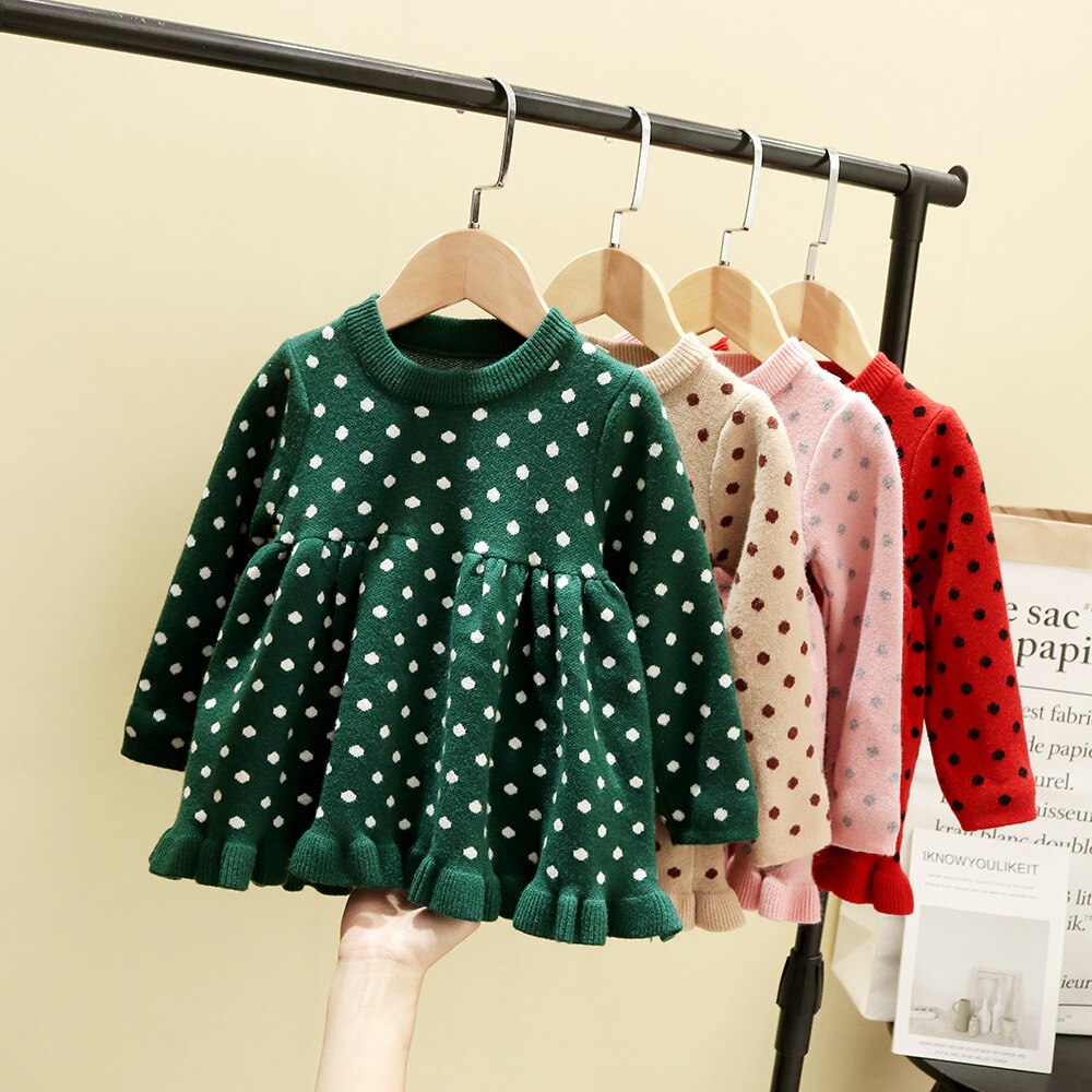 Baby Peuter Meisjes Swearter Jurk Xmas Stippen Jurk Met Lange Mouwen Herfst Winter Ruches Kleding Jaar Outfit