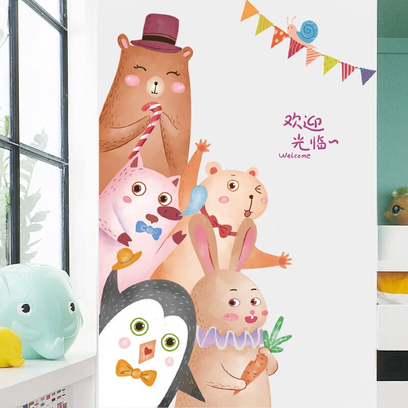 Tofok schattige dieren cartoon deurstickers voor kinderkamers slaapkamer huis muurschilderingen doe-het-zelf safari muursticker beer konijn kastdecoratie