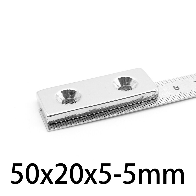 Imán de tierra rara de hoja grande, bloque de imanes permanentes de 50x20x5-5mm, potente imán magnético, 2 agujeros, 5mm, 2-10 Uds.