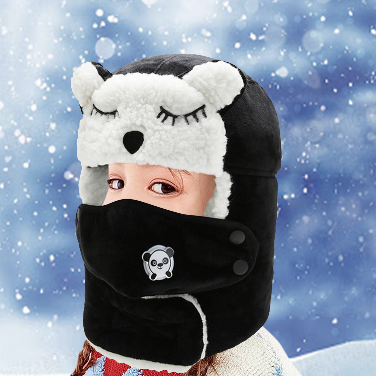 Dzieci śmieszne ochrona zwierząt ucho Ushanka kapelusz stałe pluszowe futro ciepłe czapki zimowe dziecko maska wiatroszczelna czapka zimowa miękka czapka narciarska: czarny