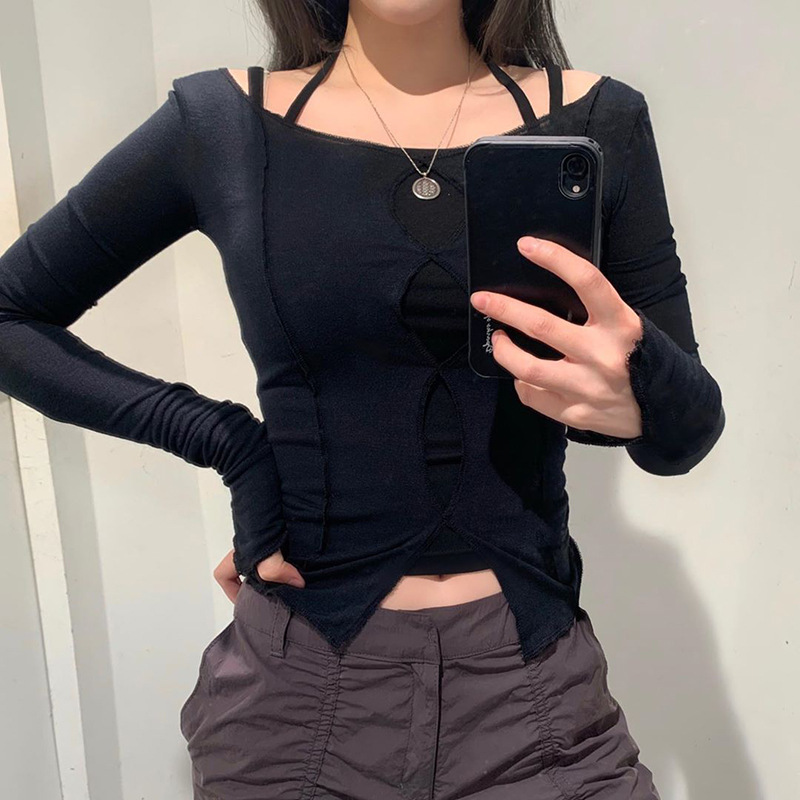 Y2K 90s Aesthetics Solid Hollow Out Long Sleeve T-shirts Vintage Streetwear O-neck Stitch Cropped Tops Autumn Tees: Black / M