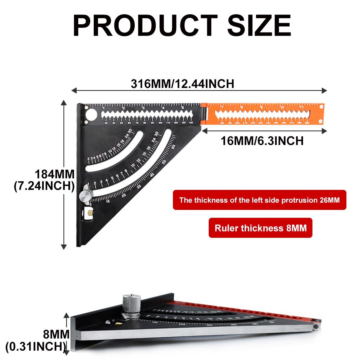 12 inch Imperial Aluminum Alloy Triangle Angle Ruler Protractor Woodworking Measurement Tool Square Layout Gauges Metric Ruler