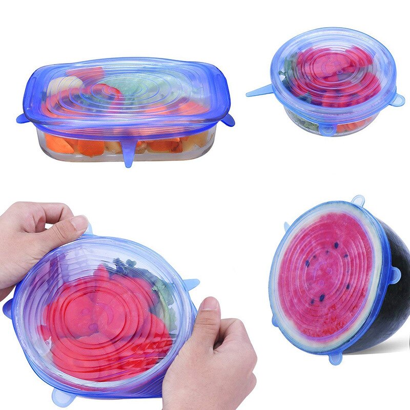 Reusable Silicone Food Wrap Stretch Vacuum Seal Cover Saran Wrap Kitchen Tools Organization Food Fresh Keeping Sealed Lids 6 Pcs