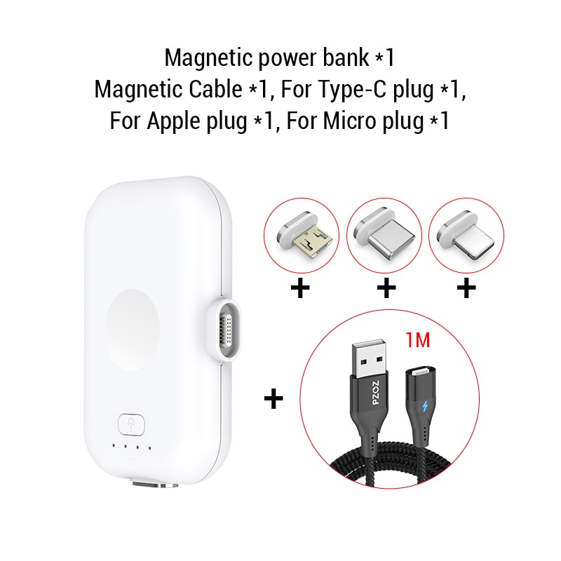 PZOZ Magnetic Power Bank For iPhone Micro USB Type C 1200mAh Mini Magnet Charger Power Bank For iPhone iPad Xiaomi Huawei Phone: White 1 Cable 3 Plug