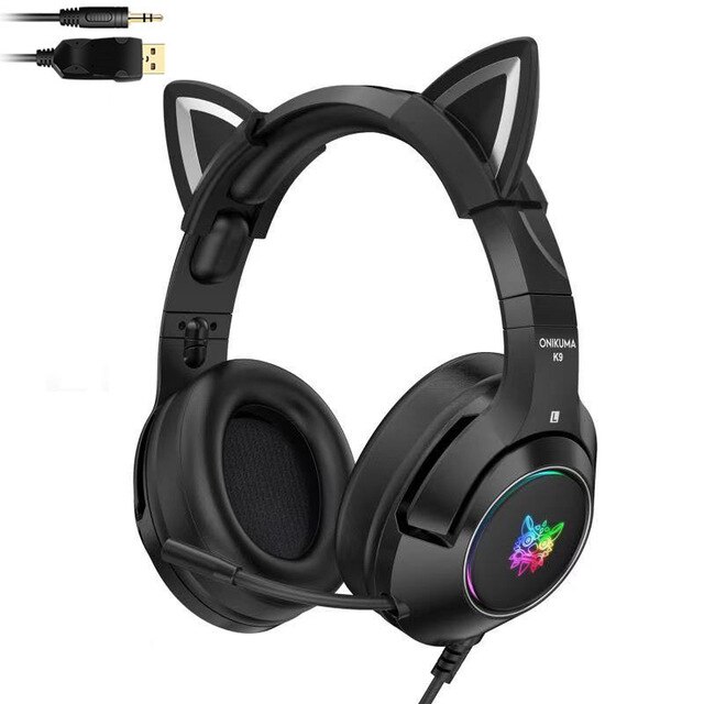Onikuma K9 Kat Ear Hoofdtelefoon Meisjes Gaming Headset Voor Pc Laptop Xbox Een Headsets Rgb Verlichting Stereo Oortelefoon Met Microfoon: Black