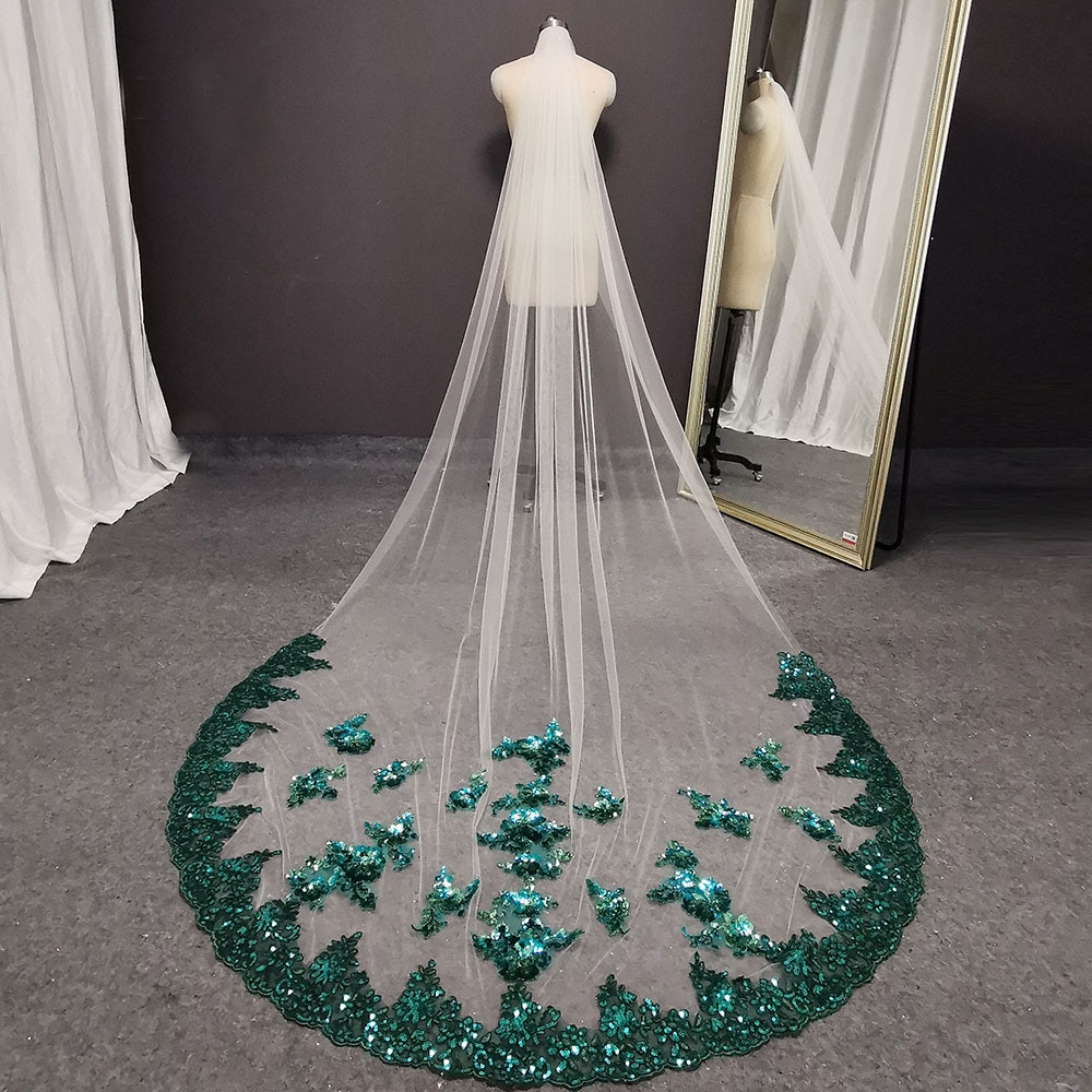 Velo de boda de tul de lujo con lentejuelas de encaje blanco suave verde/marfil con peine 1 capa 3 metros de largo colorido velo de novia