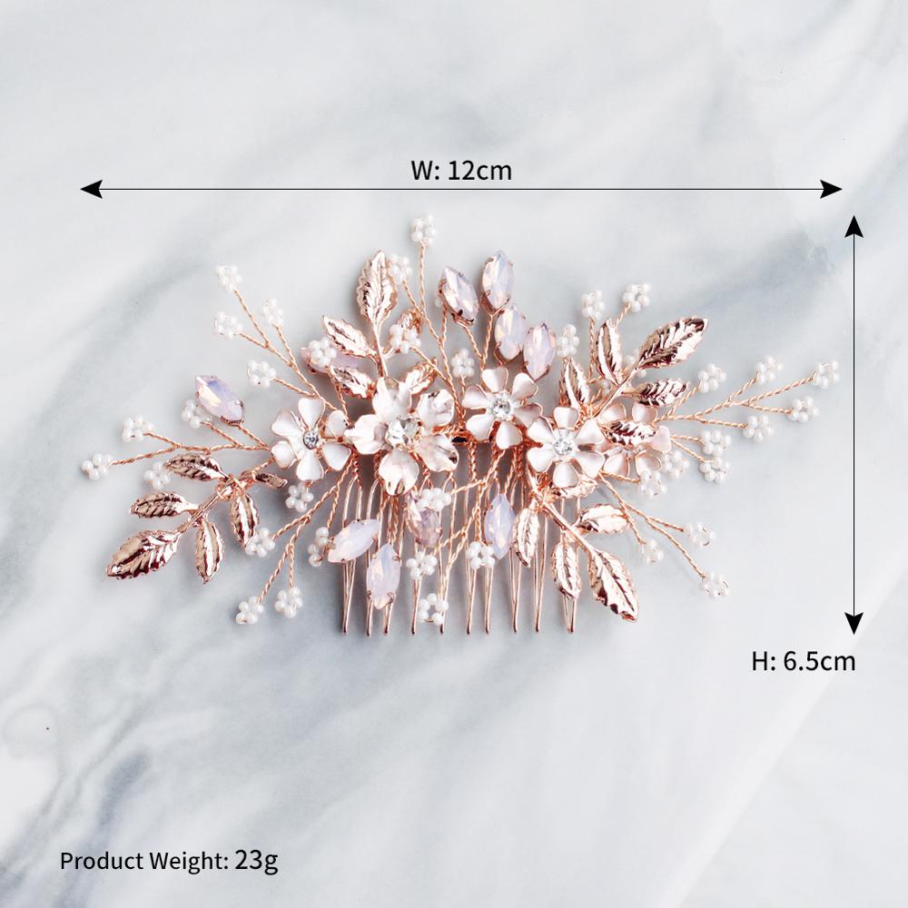 Women Flower Hair Combs Rose Gold Color Leaf Hair Jewelry Accessories Pink Crystal Wedding Hair Ornament For Bride