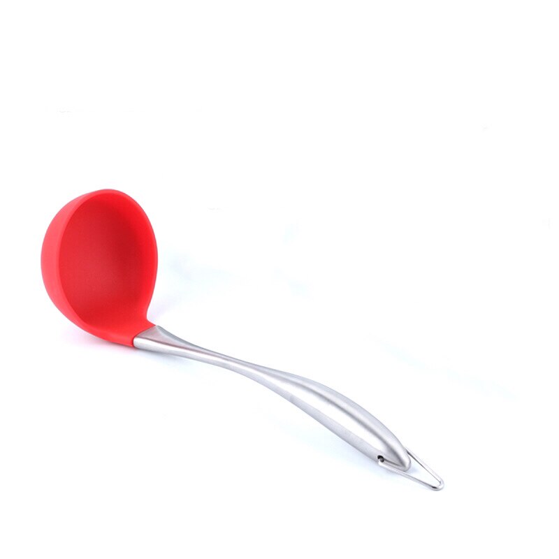 Louche en Silicone à poignée creuse en acier inoxydable, ustensiles de cuisine ménagers, Pot antiadhésif, cuillère à bouillie Applicable, cuillère à Pot: RED